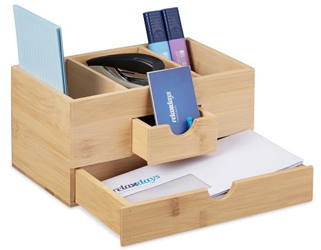 Relaxdays Schreibtisch Organizer, 2 Schubladen, 3 Fächer, aus Bambus, HxBxT: 12 x 24 x 14,5 cm, Büroorganizer, Natur