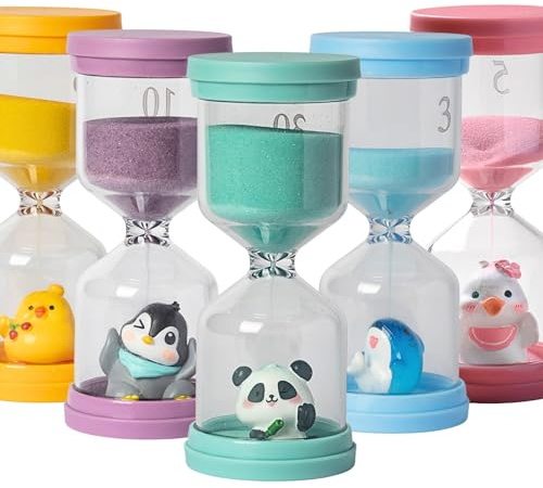 Hancheng Sanduhren Set für Kinder,3/5/10/15/30 Minuten Sanduhr Kinder | Bruchsicherer Kunststoff,5 Farbige Sanduhr Set mit Verschiedenen Tieren,Time-Timer für Kinderalltag,Lernen,Küche und Spiel