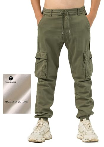 TONY BACKER Pantaloni Cargo Uomo in Maglia di Cotone Multitasche Laterali Casual e Chiusura Coulisse e i Lacci nella Vita 7905 (IT, Numero, 36, Regular, Regular, VERDE-06N)