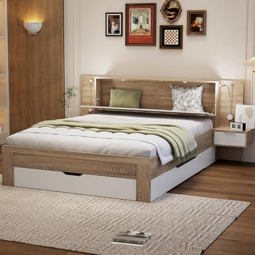 Skcess Doppelbett 140X200Cm, Bettanlage Mit 2 Led Nachtkommoden, Paneel Bett Mit Mehreren Schubladen, Mit 2 Nachttisch, Weiß + Eichefarbe