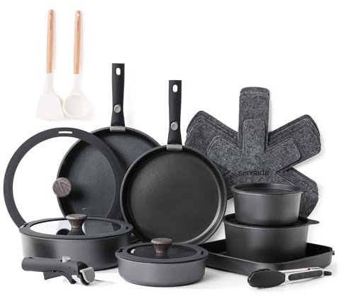 SENSARTE Set di Pentole 24 Pezzi con Manici Rimovibili, Antiaderente in Granito, Compatibile con Induzione e Gas, Include Padelle, Casseruole e Grill, Impilabile e Lavabile in Lavastoviglie
