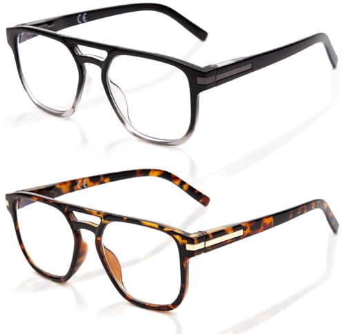 Amorays Occhiali da lettura da Donna Uomo 2 paia，Vintage Square Comodi e flessibili occhiali da computer con Anti Luce Blu 8016（Nero+Tartaruga，+2.00）