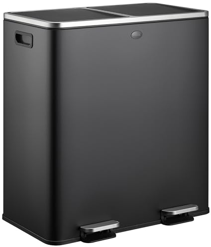 HÜSQ Poubelle Cuisine Tri Sélectif 60L - 2 x 30 Litres, Double Compartiments 2x30L, Acier Inox Noir, Recyclage, Rectangulaire à Pédales, Anti Traces, Anti Odeurs