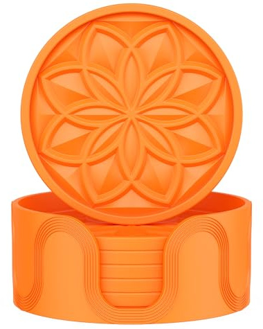 HFHOME Silicone Coasters Set with Holder - 6 Pack Drink Coasters for Coffee Table, Bar Tabletop Protection - Orange
