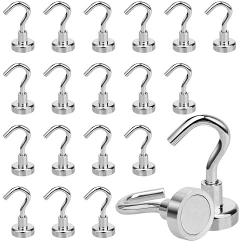 Orchideeknc 20 Pezzi Φ16mm Ganci Magnetici, Ganci Magnetici Extra Forti 8KG/17.6LBS, Gancio Magnetico Argento, Magnete con Gancio per Frigorifero