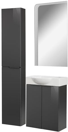 FACKELMANN Luna Gäste-WC Set 4-teilig – Badezimmer-Set mit Waschbeckenunterschrank, Keramik-Waschbecken Hahnloch rechts, Hochschrank & LED-Spiegel – Anthrazit Hochglanz, 55 cm, Made in Germany
