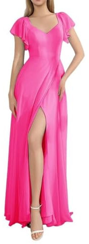 Vestido de dama de honor con cuello en V para mujer, largo acampanado, manga corta, vestido de gasa con abertura, fucsia, 48