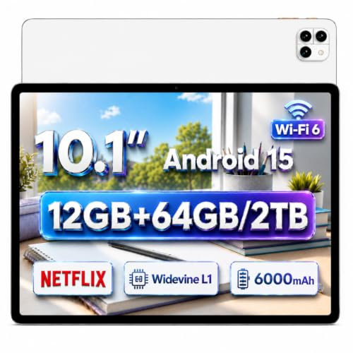 Android Tablet, Computer Tablets, 10.1 inch Android 15 Tablet with Octa-core Processor RAM 12GB ROM 64GB(Up to 2 TB), 800x1280 Resolution, WiFi 6 & Bluetooth, Dual Speakers, 5MP+8MP, 6000mAh battery