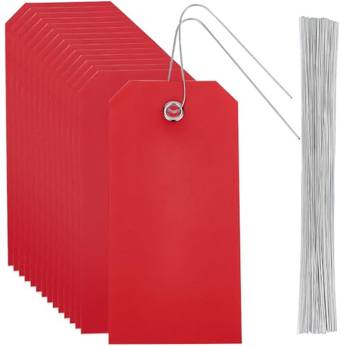 SOFPLATE 100 pz Etichette Rosse Vuote Etichette Impermeabili per La Spedizione con Occhiello per Appendere In Filo di Ferro Rettangolare Da 4.7 x 2.4 Pollici In Plastica PVC Nome Identificazione Etich