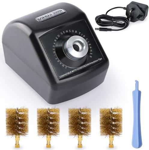 YIHUA 200W Motorized Soldering Iron Tips Cleaner with Infra-red Sensor, 4 Brass Wool Brushes, 12V Power Adapter, Pry Bar - Compact Solder Tips Cleaner, Compatible with YIHUA C210, C245, C235 Tips
