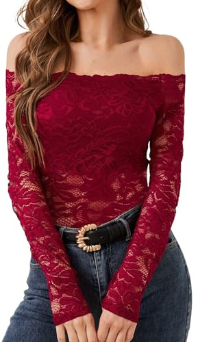 Haut Dentelle Femme, Haut Femme Chic et Elegant en Dentelle Florale Transparente Chemise Sexy en Maille Haut Manches Longues Automne et Hiver Noire Pas Cher Haut Rouge L