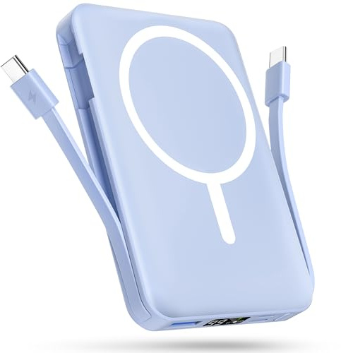 Podoru Batterie Externe avec MagSafe, 10000mAh Magnetique Power Bank | Deux Câbles USB-C Intégrés, 20W PD Charge Rapide, Affichage LED, Powerbank sans Fil pour iPhone 17/16/15/14/13/12 Séries