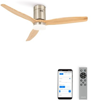CREATE / WINDCALM NATURAL WOOD M/Ventilador de techo con luz níquel aspas madera clara con Wifi y mando / 40W, Temporizador, Ø132 cm, 6 velocidades, 3 temperaturas de luz, función verano-invierno
