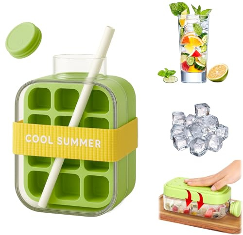 Nexhyp Ice Cube Bottle 500ml with Straw, 2-in-1 Push-Type Ice Making Bottle with Reusable Lid & Bin, Portable Water Bottle Ice Cube Tray for Home, Outdoor, Office, Summer Beverages (Green)