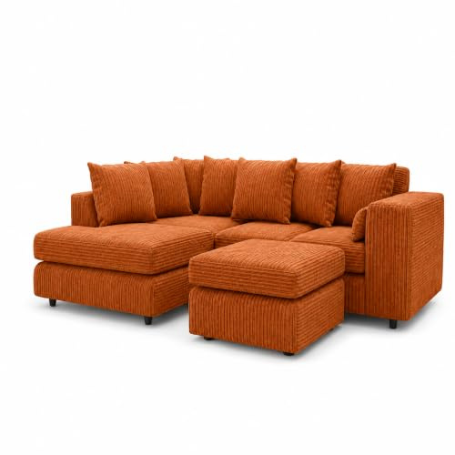 Gamzo Outlet Sofa Corner Sofa L Shape Jumbo Cord Fabric Square Settee Seater Suite Footstool (Left Hand Facing, Orange)