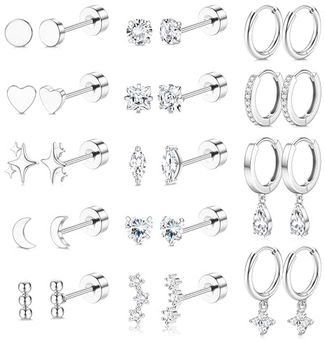 Roheafer Hypoallergenic Flat Back Earrings for Women Surgical Steel Stud Hoop Earrings for Sensitive Ears Stainless Steel Earrings Silver Flatback Stud Cartilage Earring Set