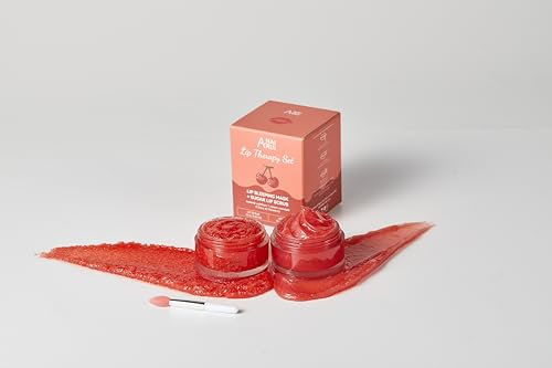 ANAiRUi Lip Scrub and Balm Set, Cherry Vitamin E Lip Glow Scrub & Lip Mask Overnight for Chapped Dry Cracked Peeling Lips, Vegan Lip Treatment Products for Moisturises and Smoothes Lip Lines