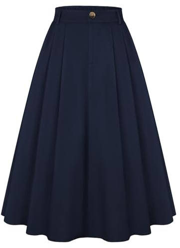 Belle Poque Jupe plissée vintage pour femme avec élastique, jupe taille haute A-line midi avec poches, bleu marine, XL