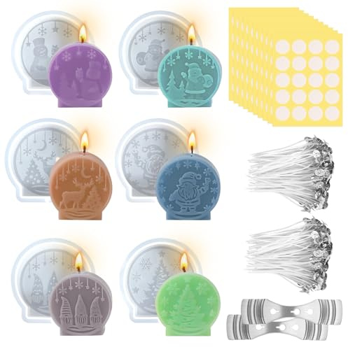 Set di 6 stampi in silicone per Natale 3D, forma di candela+200 stoppini di cera+2 supporti+10 adesivi, forma per albero di Natale, decorazioni natalizie fai da te