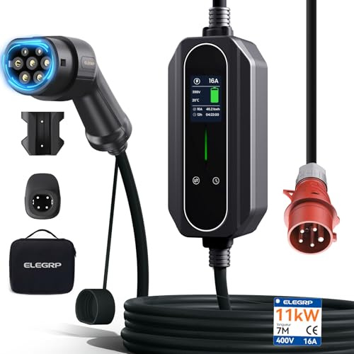 ELEGRP 11 KW Mobile Wallbox med laddningskabel typ 2, trefas EV-laddare, justerbar från 6 till 16 A, 7 m kabel, IP67 vattentät, mobil laddningsstation IEC 62196-2