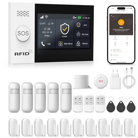 PGST Kit Alarma Casa con Aviso al Movil, Sistema de Alarma para Casa WiFi y 4G gsm sin cuotas con Pantalla Táctil 4.3” y Batería de 1000 mAh, Aplicación Tuya Smart Life, Alexa y Google