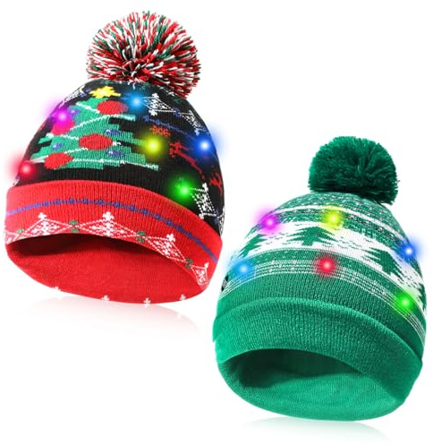Hifot LED Leuchten Hut Mütze Stricken Helle und Bunte Weihnachten Xmas Christmas Warme Neuheit Strickmütze-2pcs Weihnachtsbäume