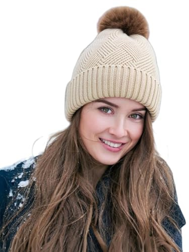 Meng Jiaran Winter Beanie Hat for Women Double Layer Bobble Hat Satin Lined Knitted Winter Cap for Women Ladies Beige