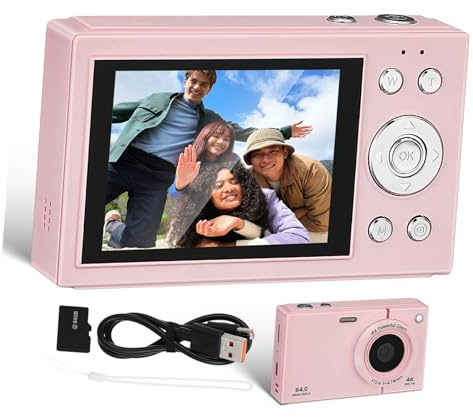 Appareil Photo Vintage Numérique Portable 2, 8 Pouces Rose | Carte 64 Go Incluse, Vidéo 4k, Format Compact pour Voyage et Prise de Vue Intérieure