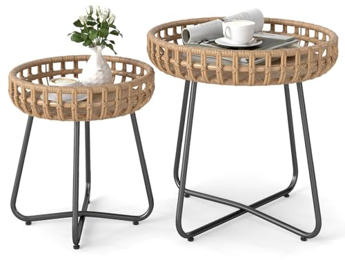 COSTWAY Beistelltisch rund 2er Set, Outdoor Rattan Gartentisch mit Metallrahmen und verstellbaren Füßen, Kleiner Balkontisch, Kaffeetisch für Balkon, Garten, Terrasse, Wohnzimmer
