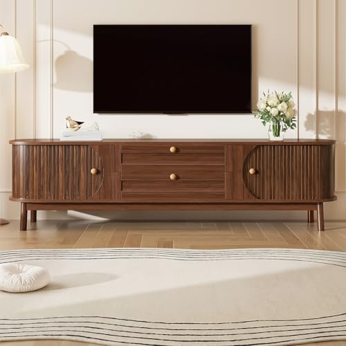 Jaxenor Meuble TV bas de 170 cm avec 2 portes et 2 tiroirs - Meuble TV avec coins arrondis - Support TV aspect bois - Meuble TV pour salon - Meuble TV pour téléviseur de 70 - Noyer