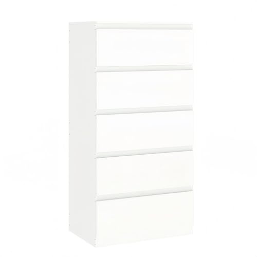 ZECIIYE Kommode mit 5 Schubladen,Sideboard,Nachttisch,Beistelltisch,Modern Schmale Komode Weiß MDF Holz für Schlafzimmer Wohnzimmer Kinderzimmer Flur Badezimmer und Büro,60 x 40 x 120.5 cm
