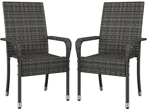 Yaheetech 2er Set Rattanstühle Stapelbar, Rattan Gartenstühle Stapelstuhl | Balkonstuhl mit Armlehnen & Rückenlehne & Verstellbaren Füße für Garten Balkon Terrasse, Grau