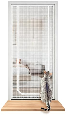 Cats Screen Door, Curtain Pet Fly Screendoor 0.9 x 2.1M, White | Smart Cat Flapswith Bilateral Zipper, Door Fly Screen Curtain Reinforced Cat Screendoor for Living Room Kitchen Patio