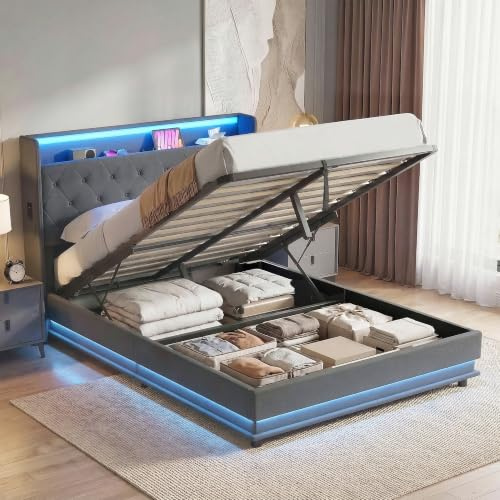 HOMCOM 4ft6 Double Ottoman Bed Frame Hydraulic Storage LED Lights Dark Grey | APP Control, Charging Station, Upholstered Lift Up Storage Bed Frame, with Headboard, No Box Spring Needed