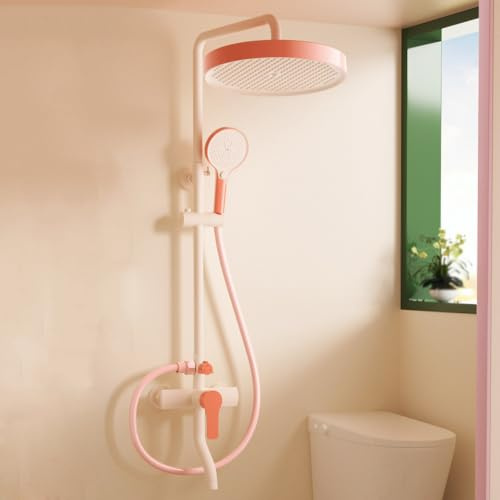 BiaoTeng Colonna Doccia con Miscelatore Monocomando 4 Modalità Doccetta, Caldo e Freddo Colonna per Doccia a Parete Ottone Bianco Latte + Arancio