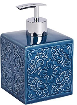 WENKO Seifenspender Cordoba Blau Keramik - Flüssigseifen-Spender, Spülmittel-Spender Fassungsvermögen: 0.5 l, Keramik, 8.5 x 13 x 8.5 cm, Blau, 13 x 8.5 x 8.5 cm