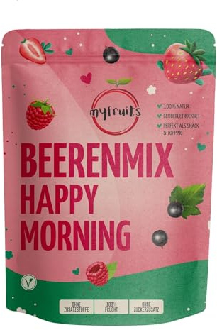 myfruits® Bärblandning – Happy Morning – blandning av frystorkade frukter – utan sockertillsats – jordgubbsskivor, hallon, svarta vinbär (100 g)