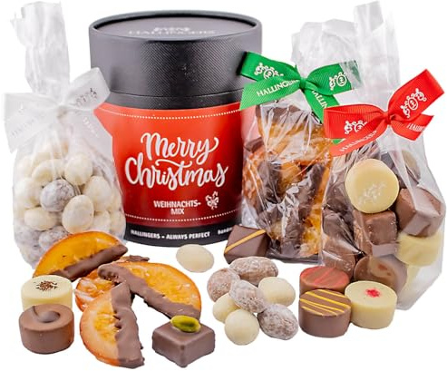 Hallingers Genuss Manufaktur Feinkost Weihnachts-Geschenk-Set - XXL-Geschenkkorb Weihnachts-Nasc... großes Mitbringsel Pralinen, Nougat-Mandeln & dragierte Orangenscheiben, Weihnachten für Frauen