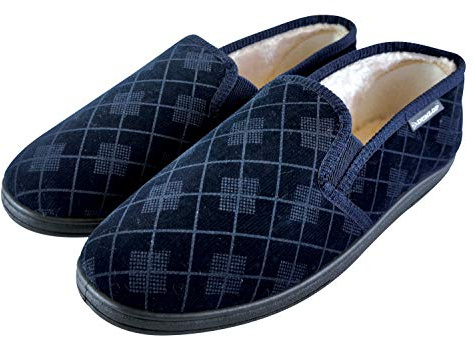 DUNLOP - Homme Confortables Eponge Memory Foam Fourrées Peluche Plaid Chaussons Pantoufles Mocassin (43 EU, Blue)