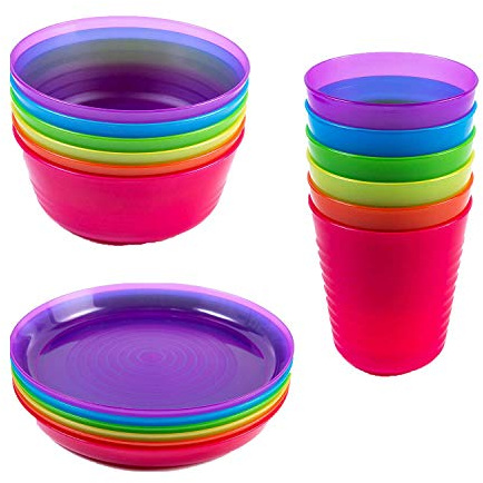 Cuddly Hippo Kids Plastic Dinnerware Set of 18 Multi Color Pieces (Plates, Bowls, and Cups) - Reusable, BPA-Free, Dishwasher Safe and Microwaveable