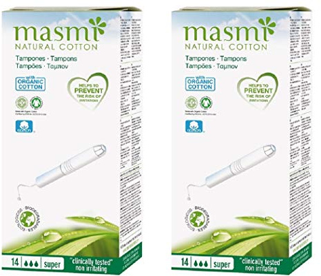 2 tampones de algodón de 14 Masmi con certificado orgánico hipoalergénico, biodegradable, aplicador de cartón, libre de perfume, viscosa, rayón, cloro y dioxinas (paquete doble)