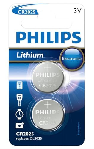 Philips Pilas de Botón CR2025 - Pila 2 Unidades - Pila de Botón 3V/150 mAh - Adecuadas para Relojes, Calculadoras y Llaveros - Batería de Litio
