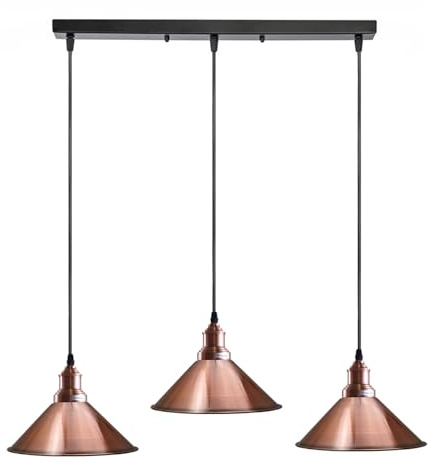 LEDSone Hängeleuchte im Loft-Stil, 3-flammig, Roségold, Vintage-Stil, Metall, Deckenleuchte, Hängelampe für Küche, Wohnzimmer, Esszimmer, E27, UK-Halterungs-Kit (Konus-Kupfer)