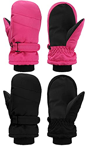SATINIOR 2 Pairs Kids Snow Mittens Waterproof Winter Ski Gloves Warm Thicken Snow Gloves for Girls Boys (Rose Red, Black, 5-8 Years)