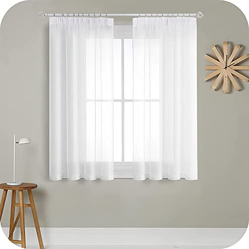 MRTREES Gardinen mit Kräuselband Stores Gardinen Weiß kurz transparent 145X140cm (HXB) Schlaufenschals 2er Set Vorhänge in Leinenoptik für Wohnzimmer Schlafzimmer Mädchen Jugend Curtains