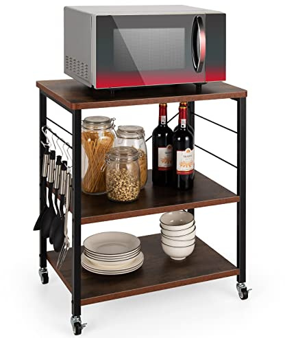 COSTWAY 3 Ebenen Servierwagen, Rollwagen mit Verstellbarer Ablage & 10 abnehmbaren Haken, Küchenwagen mit Rollen, Küchenrollwagen für Küche, Esszimmer, Bar und Restaurant, 60 x 40 x 73cm (Braun)