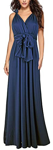 Hahaemma, Abito da donna, elegante, lungo, da sera, con scollo a V, aperto sulla schiena, da damigella d'onore, lungo fino a terra, per ballo, estivo, da spiaggia, Blu scuro, L