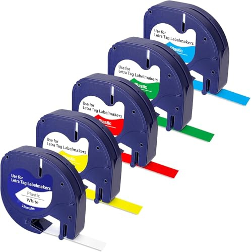 5-Pack Mehrfarbig Etikettenband Kompatibel für DYMO Letratag Nachfüllungen Plastic 12mm x 4m 91221 91222 91223 91224 91225 Weiß/Gelb/Rot/Grün/Blau Schriftband für LetraTag 200B XR LT-100H LT-110T