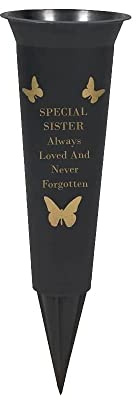 PHG Limited Edition Graveside Flower Vase with Personalised Verse | Unique Grave Side Flower Pot | Memorial Gift for Loved One | Durable Plastic Flower Holder | 33 x 11 (Sister Black)