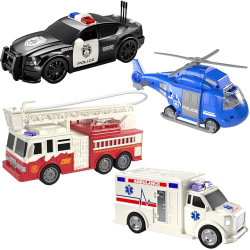 TEMI 4 Pack Emergency Vehicle Age 3+ with Lights and Sounds Toys Playsets for Kids, Rescue Helicopter, Police Car, Fire Truck, Ambulance Car Toys Kids Gift -12 Boys Girls